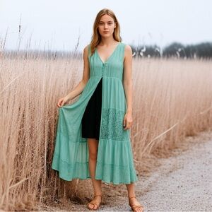 🆕 Pol Aqua Blue Boho Lace Sleeveless Long Duster Kimono Vest Button Detail SM